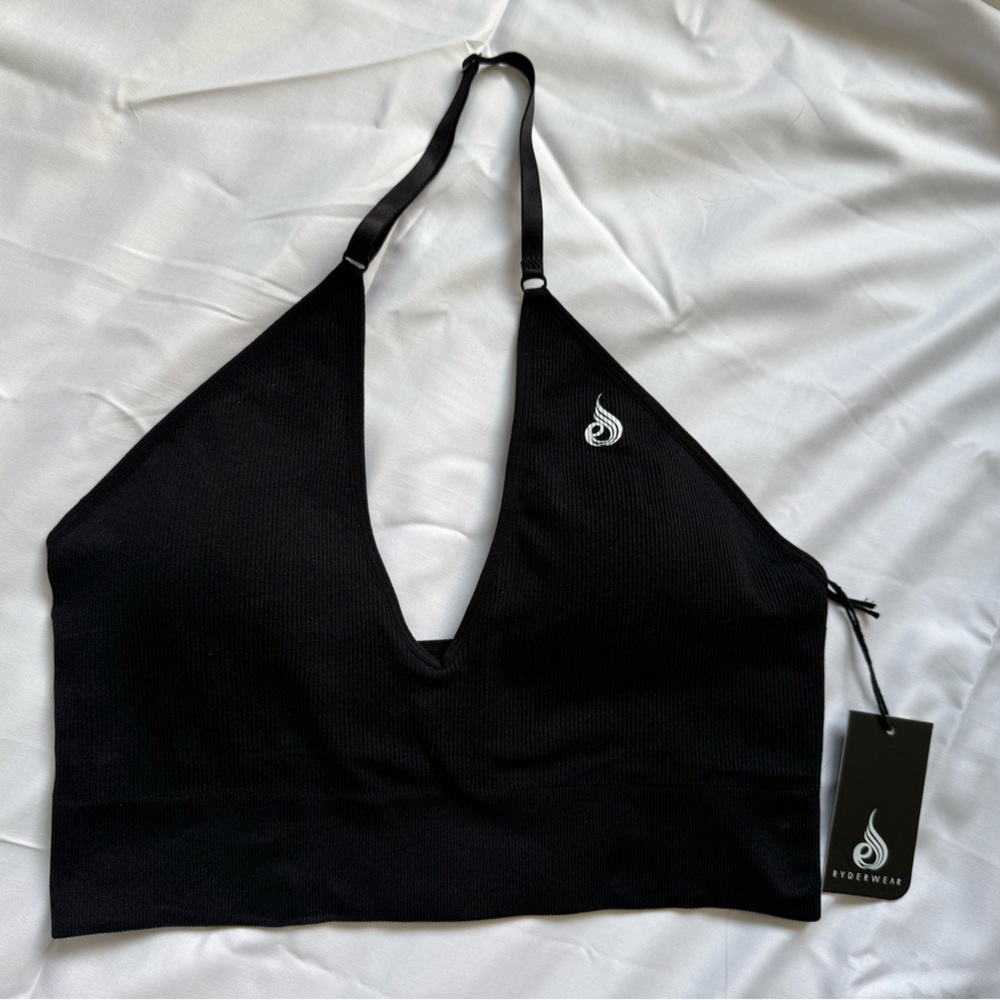NWT Ryderwear Lift Rib Seamless Halter Sports Bra Black L